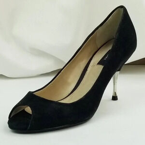 Zara 38 (US 8-8.5) Women's Black Suede Open Toe Metal Heel Accent Slip On Pumps